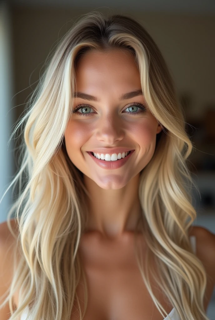 Créer un selfi réaliste d'une femme de 20 ans, Longs cheveux blonds, Des yeux bleu-vert vêtus vêtement bien habiller et sexy, sourire réaliste, dans différentes pièce de la maison, selfi