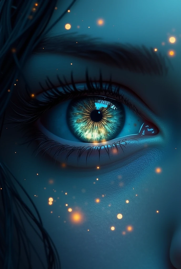 An eye with fireflies as a reflection
