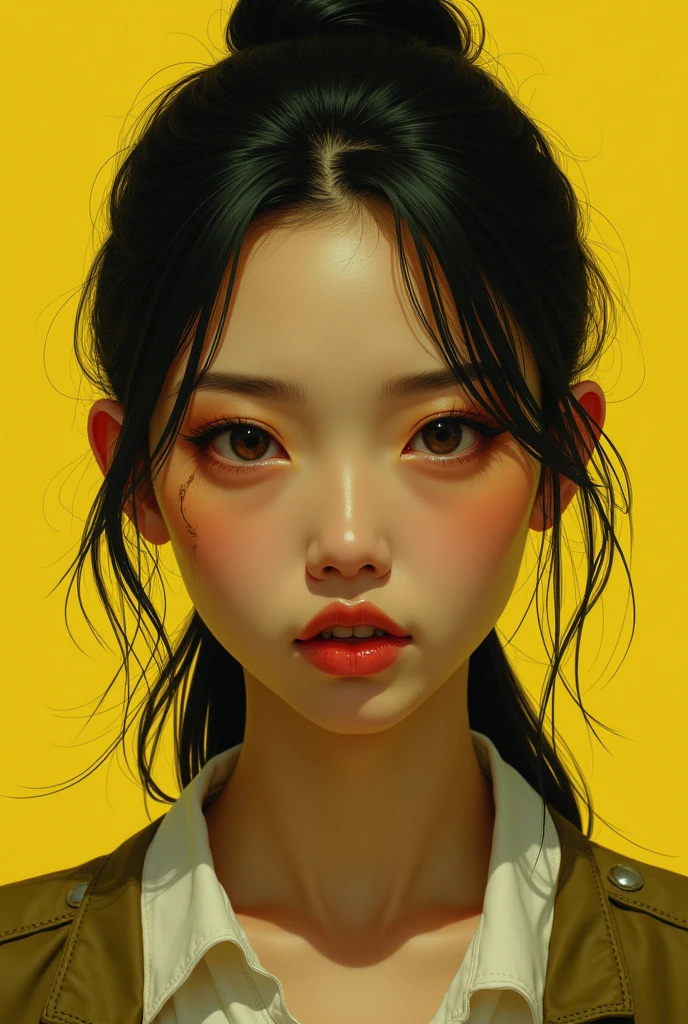 An asian girl with yellow skin Langsat, Her hair is tied in a ponytail, she is wearing a light blue hoodie, she has slightly thick, plump lips, a mean look, and a mole under her eyelid.