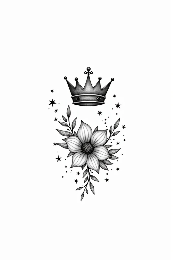 Very minimalist black tattoo design on a white background where the main attraction is a princess crown mixed with flowers and stars