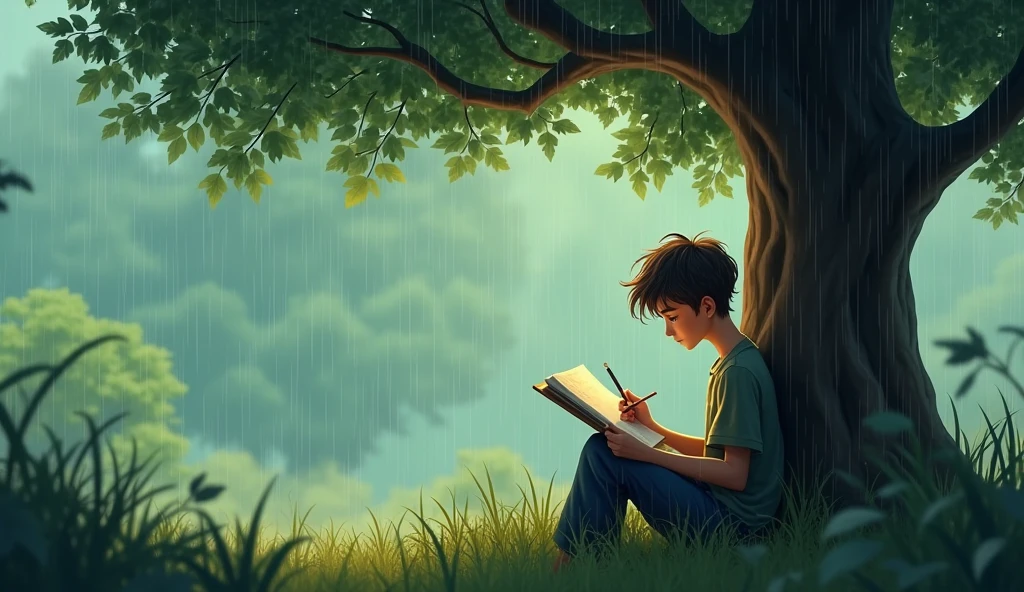 Noah’s Introduction: The camera cuts to Noah, sitting under a large tree, sketching in his notebook, oblivious to the rain pouring down around him. His voiceover reflects his view of the world as an artist, which takes on a new dimension when he looks up to see Ava.