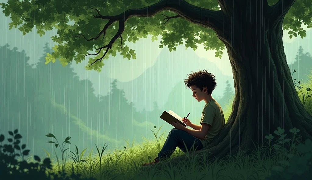 Noah’s Introduction: The camera cuts to Noah, sitting under a large tree, sketching in his notebook, oblivious to the rain pouring down around him. His voiceover reflects his view of the world as an artist, which takes on a new dimension when he looks up to see Ava.