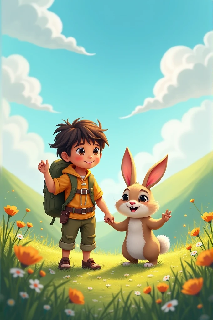 Ali and the rabbit waving goodbye as they set off on new adventures, happy and full of life.