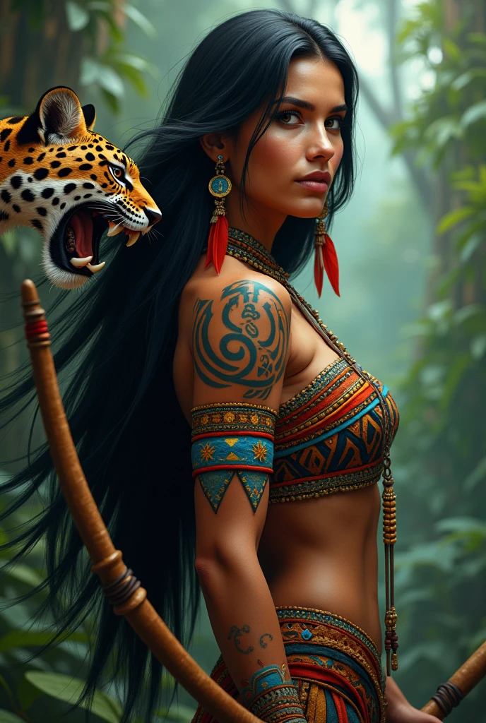 Indigenous woman with long straight hair, bow and arrow with a jaguar on the side and feather earrings
