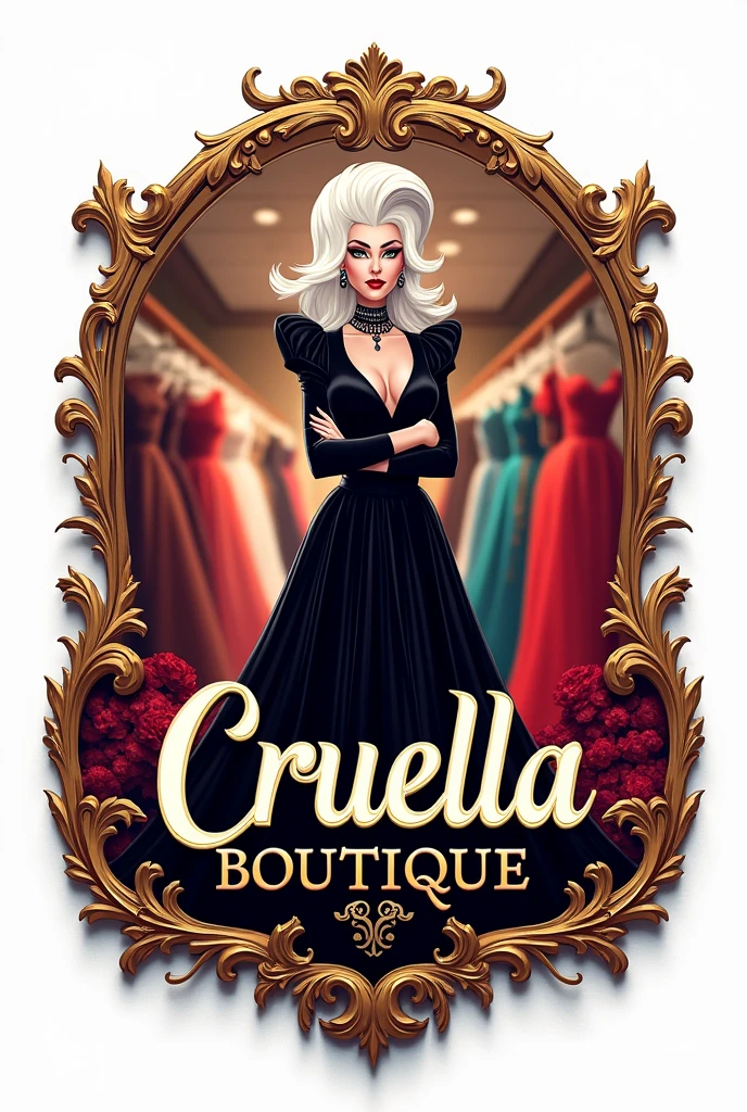 Boutique logo with Cruella de Vil in the middle of a boutique full of dresses with a white background and the name "Cruella Boutique" in the center in 3D