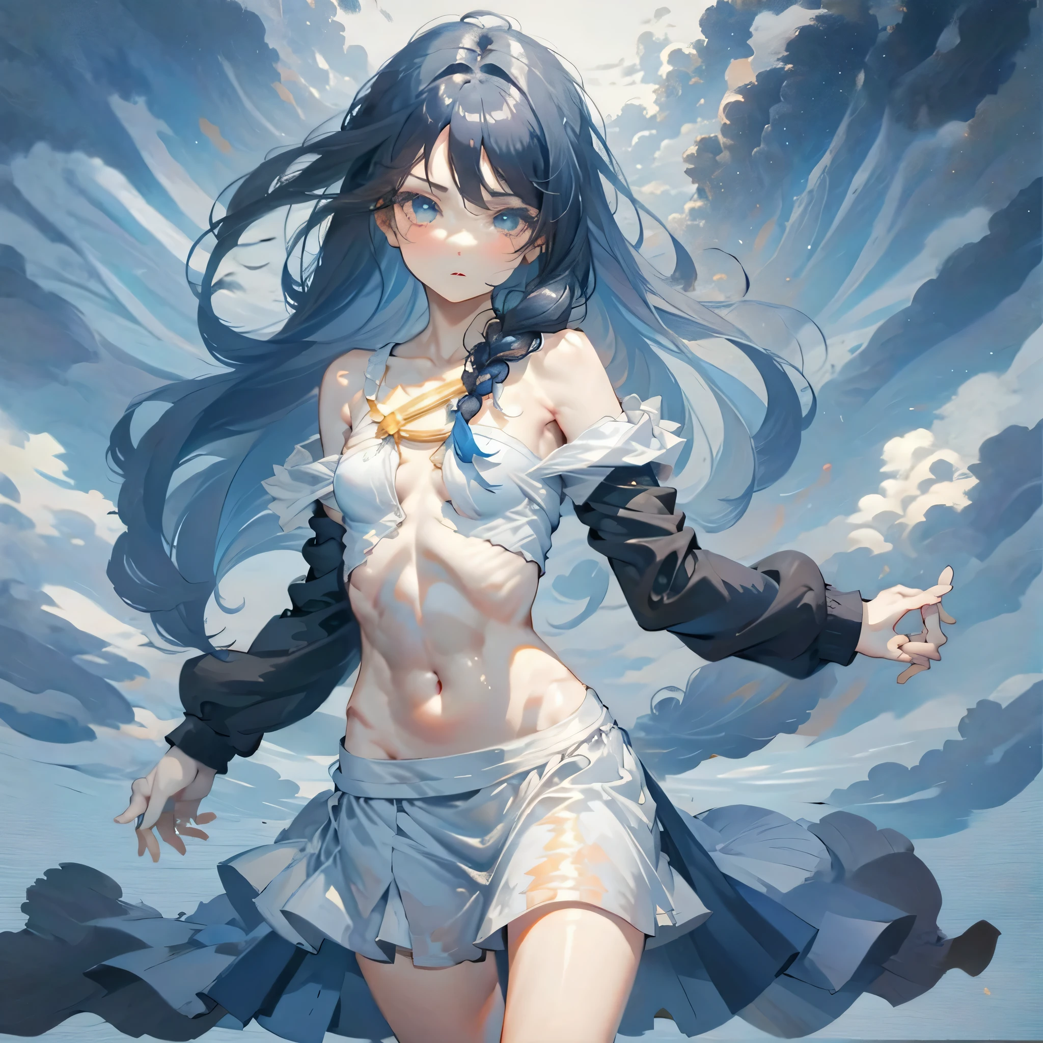 Fantasy mist Black Hair Hair blowing in the wind Flat chest magic circle Model pose