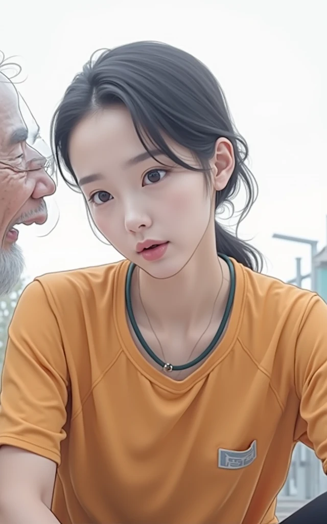 full body, wide shot, 1 korean girl is 20 years old,(girl all ????, ???????????, wearing helmet), long black hair, ((1 korean man is 70 years old, very old, grey hair)), "young girl and old man kissing", young girl kissing old man, face to face, romantic, natural pose, (((old man open mouth and tongue out))), girl squatting on the floor, girl ????????? in an M shape, focus on old man, in the abandoned and destroyed building, construction site brick, a garbage dump,