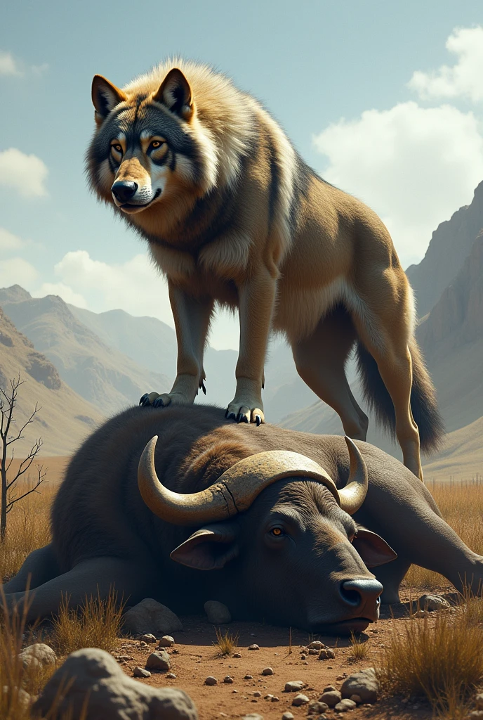 Wolf standing on a dead buffalo realistic 