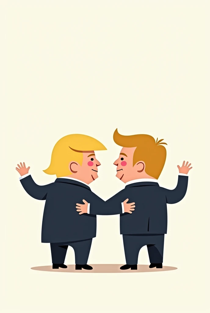 Trump and Elon Musk minimalist cartoon, happy, big heads and small bodies, back view, They look at each other, they are friends,Trump and Musk victorious, minimalist cartoon Victorious because they won