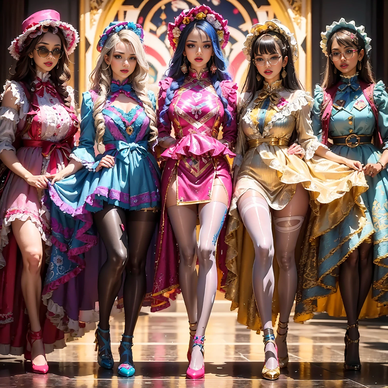 (full body shot:1.3), Movie poster composition, (on a snowy mountain), Miserable white skin, Ambilight, Nine-head body, Group photo, ((multicolored)),Three or more girls,Model figure, long-legged woman, A woman in a luxurious and elaborate dress, wearing lolitajane shoes with ornate details, patterned tights, (Glossy Reflecting collection), (Glossy Reflecting collection), (Oily shiny)), (Metallic clothes), (Metallic dress), (Metallic tights):1.2),, Postures vary, with reflective skin and reflective clothing, venusbody,Large movement amplitude, ray tracing, reflection light, chiaroscuro, UHD, masterpiece, anatomically correct, textured skin, super detail, high quality, 4K, highres