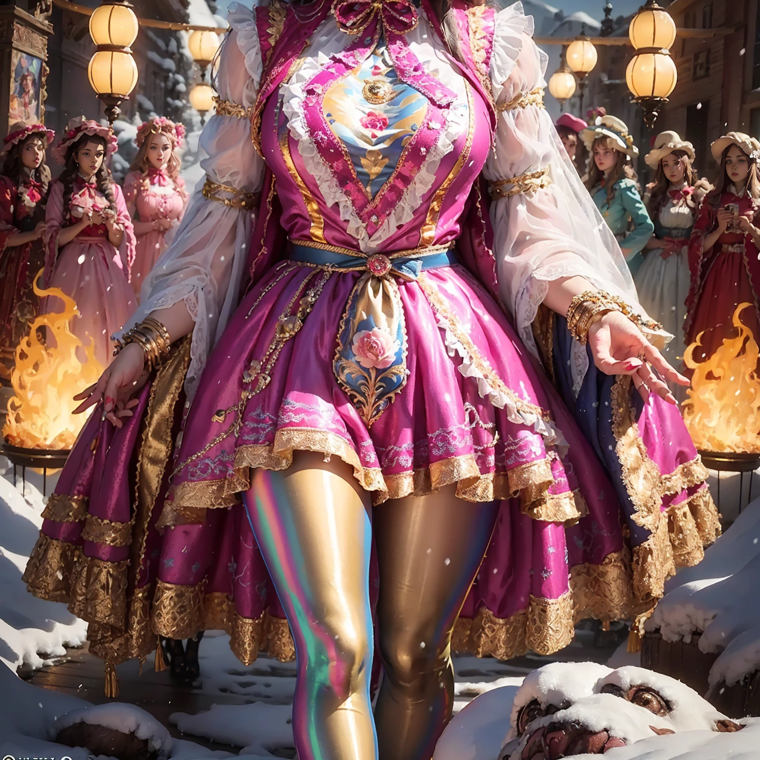 (full body shot:1.3), Movie poster composition, (on a snowy mountain), Miserable white skin, Ambilight, Nine-head body, Group photo, ((multicolored)),Three or more girls,Model figure, long-legged woman, A woman in a luxurious and elaborate ta dress, wearing loliary jane shoes with ornate details, patterned tights, (Glossy Reflecting collection), (Glossy Reflecting collection), (Oily shiny)), (Metallic clothes), (Metallic dress), (Metallic tights):1.2),, Postures vary, with reflective skin and reflective clothing, venusbody,Large movement amplitude, ray tracing, reflection light, chiaroscuro, UHD, masterpiece, anatomically correct, textured skin, super detail, high quality, 4K, highres