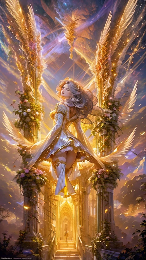 8K resolution, masterpiece, Highest quality, Award-winning works, unrealistic, From above, erotic, sole sexy lady, healthy shaped body, Anatomically accurate skeleton, 2, black mage, 170cm tall, huge firm bouncing busts,, white silver long wavy hair, Detailed facial depictions, BREAK, Mysterious blue eyes, Standard nose, Eyeliner, pink lips, sexy long legs, Transparent and shiny skin, holy knight, Gothic ruffle long dress, A dress with a complex structure, Seven-colored colorful dress, Clothed in flames, royal coat of arms, elegant, Very detailed, Delicate depiction of hair, miniature painting, Digital Painting, Art Station, Concept art, Smooth, Sharp focus, shape, Art Jam、Greg Rutkowski、Alphonse Mucha's、William Adolphe Bouguereau、art:Stephanie Law , Royal Jewel, nature, Symmetric, Greg Rutkowski, Charlie Bowwater, Unreal, surreal, Dynamic Lighting, Fantasy art, Complex colors, Buddhist Mandala, Colorful magic circle, flash, dynamic sexy poses, A kind smile, Mysterious Background, Aura, A gentle gaze, BREAK, Small faint lights and flying fireflies, night, lanthanum, From above, looking down on the world below, Starry Sky, milky way, nebula, shooting star, Flowers, birds, wind and moon, (Back view, Looking back towards the camera:1.3), chant healing magic, A pillar of light stretching to the sky, Laser beam, Climb the stairs to heaven