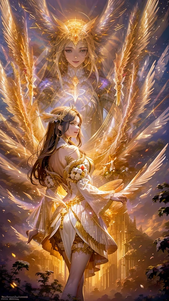 8K resolution, masterpiece, Highest quality, Award-winning works, unrealistic, From above, erotic, sole sexy lady, healthy shaped body, Anatomically accurate skeleton, 2, black mage, 170cm tall, huge firm bouncing busts,, white silver long wavy hair, Detailed facial depictions, BREAK, Mysterious blue eyes, Standard nose, Eyeliner, pink lips, sexy long legs, Transparent and shiny skin, holy knight, Gothic ruffle long dress, A dress with a complex structure, Seven-colored colorful dress, Clothed in flames, royal coat of arms, elegant, Very detailed, Delicate depiction of hair, miniature painting, Digital Painting, Art Station, Concept art, Smooth, Sharp focus, shape, Art Jam、Greg Rutkowski、Alphonse Mucha's、William Adolphe Bouguereau、art：Stephanie Law , Royal Jewel, nature, Symmetric, Greg Rutkowski, Charlie Bowwater, Unreal, surreal, Dynamic Lighting, Fantasy art, Complex colors, Buddhist Mandala, Colorful magic circle, flash, dynamic sexy poses, A kind smile, Mysterious Background, Aura, A gentle gaze, BREAK, Small faint lights and flying fireflies, night, lanthanum, From above, looking down on the world below, Starry Sky, milky way, nebula, shooting star, Flowers, birds, wind and moon, (Back view, Looking back towards the camera:1.3), chant healing magic, A pillar of light stretching to the sky, Laser beam, Climb the stairs to heaven