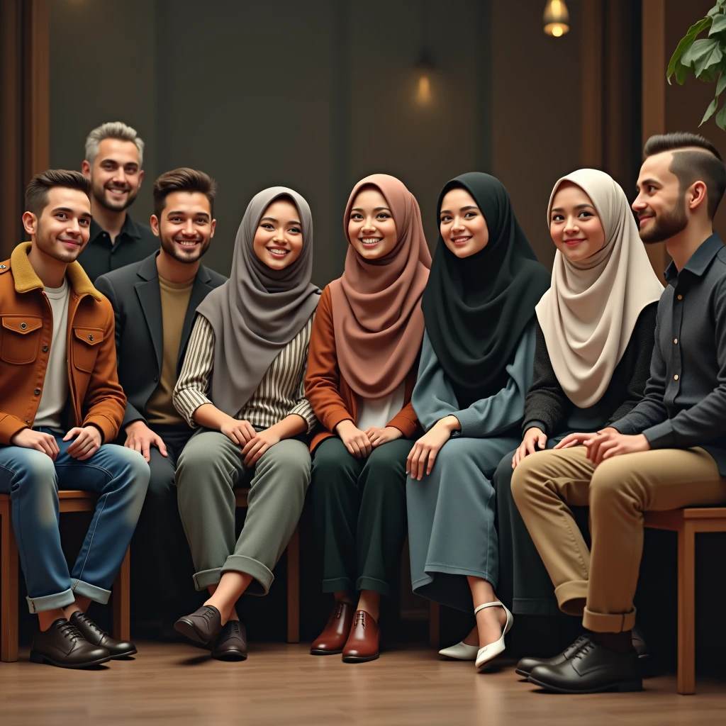 ((4 hijabless man wear jacket sitting), (2 hijabbed woman sitting), (1 hijabless teenage girl sitting)), casual fashion, happy expression, white skin people, crowdless background, extreme detail, masterpiece, 4k, adult 3D character, proportional, cinematic lighting
