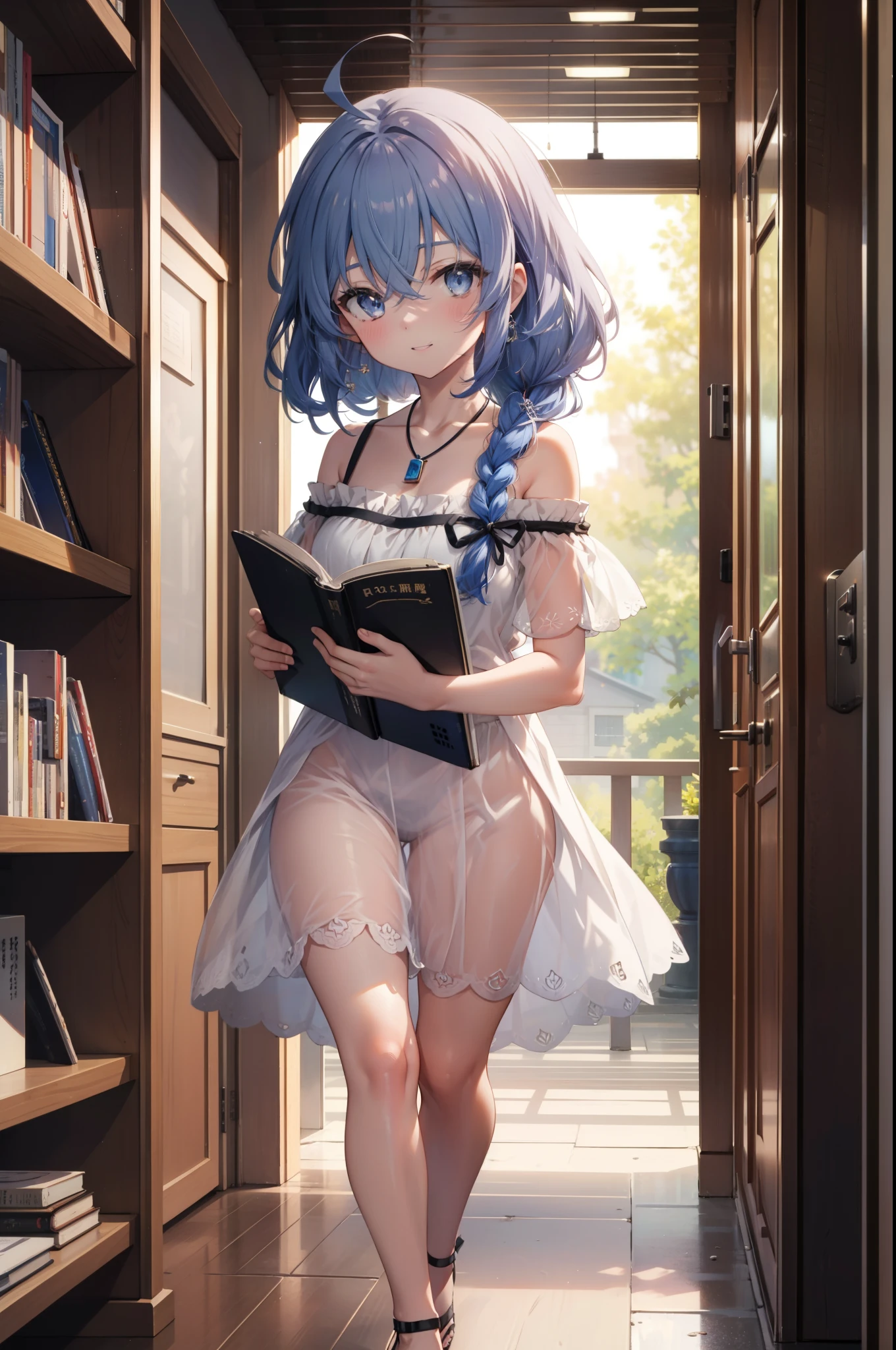 Roxymigurdia, Roxy, Ahoge, Black Ribbon, blue eyes, Blue Hair, Braiding, Hair between the eyes, Hair Ribbon, Long Hair, twin Braidings, very Long Hair, smile,blush,Open your mouth,Blue off-shoulder dress,bare clavicle,Bare neck,Bare shoulders,Rocket Pendant,Short sleeve,mini skirt,Cute heeled sandals,True Summer,Daytime,Clear skies,Walking,Bookshelf,Holding a book in both arms,whole bodyがイラストに入るように,
break looking at viewer,whole body,
break indoors,figure書館,
break (masterpiece:1.2), Highest quality, High resolution, unity 8k wallpaper, (figure:0.8), (Beautiful attention to detail:1.6), Highly detailed face, Perfect lighting, Highly detailed CG, (Perfect hands, Perfect Anatomy),