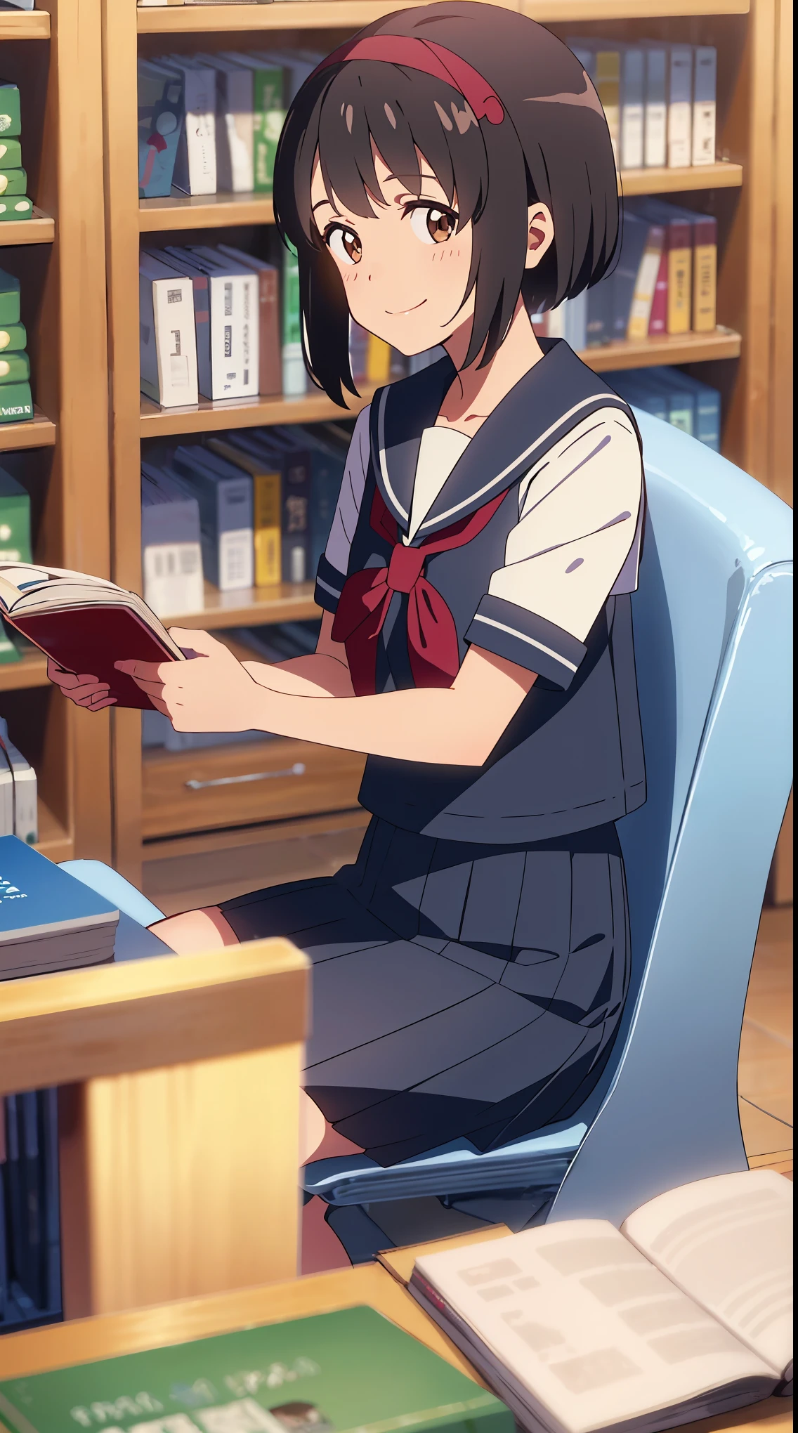 highest quality, masterpiece, shinkai makoto, kimi no na wa., 1 girl, bangs, black hair, blush, brown eyes, sailor collar, blue sailor collar, sailor color, white sailor color, serafuku, looking at the viewer, red bow, red headband, red ribbon, , short hair, Upper body, smile, cute, alone, shirt, blue skirt, pleated skirt, short sleeve, smile, sitting in a chair, library, reading a book