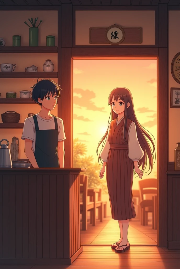 Two characthers in the frame with anime oshi no ko theme art. one character is male with flat face expression with coma hairstyle using white t-shirt and apron on it standing behind the counter. the male character looking at Beautiful female with long hair and japanese one piece coming from the front door. The tea shop with western traditional vibe with sunset time setting