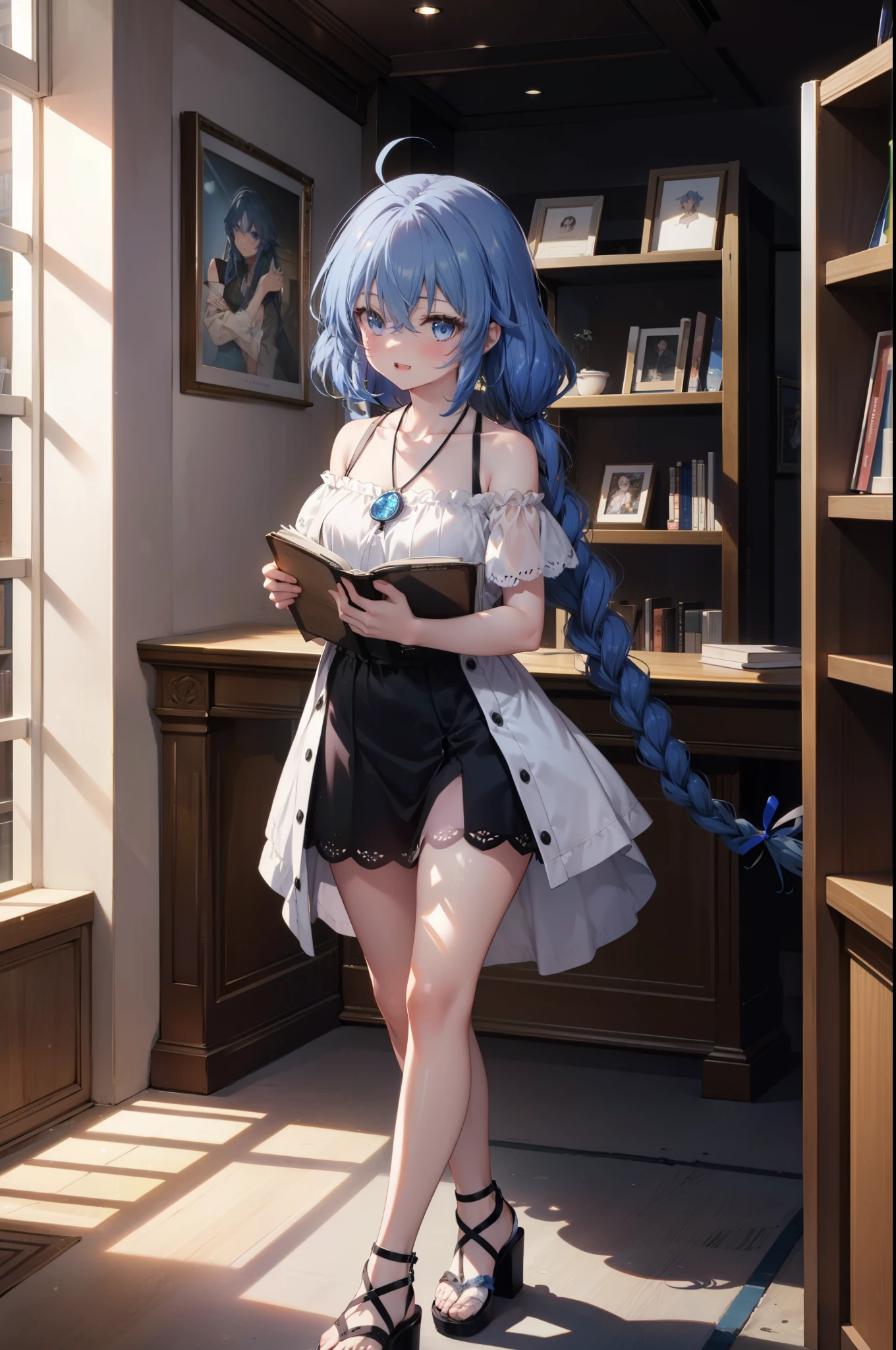 Roxymigurdia, Roxy, Ahoge, Black Ribbon, blue eyes, Blue Hair, Braiding, Hair between the eyes, Hair Ribbon, Long Hair, twin Braidings, very Long Hair, smile,blush,Open your mouth,Blue off-shoulder dress,bare clavicle,Bare neck,Bare shoulders,Rocket Pendant,Short sleeve,mini skirt,Cute heeled sandals,True Summer,Daytime,Clear skies,Walking,Bookshelf,Holding a book in both arms,whole bodyがイラストに入るように,
break looking at viewer,whole body,
break indoors,figure書館,
break (masterpiece:1.2), Highest quality, High resolution, unity 8k wallpaper, (figure:0.8), (Beautiful attention to detail:1.6), Highly detailed face, Perfect lighting, Highly detailed CG, (Perfect hands, Perfect Anatomy),