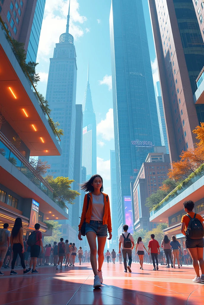 Prompt:
Scene: A futuristic, vibrant New York City college campus. The architecture is sleek and modern, with towering skyscrapers and holographic displays. Students from diverse backgrounds walk around, chatting and laughing.
Character: Bella, a young woman with a determined expression. She is wearing simple clothes and carrying a stack of books. She looks around, slightly nervous but excited.
Camera: The camera pans across the campus, focusing on Bella as she walks towards a large, futuristic building.
Mood: The overall mood is energetic and hopeful, with a hint of underlying tension.