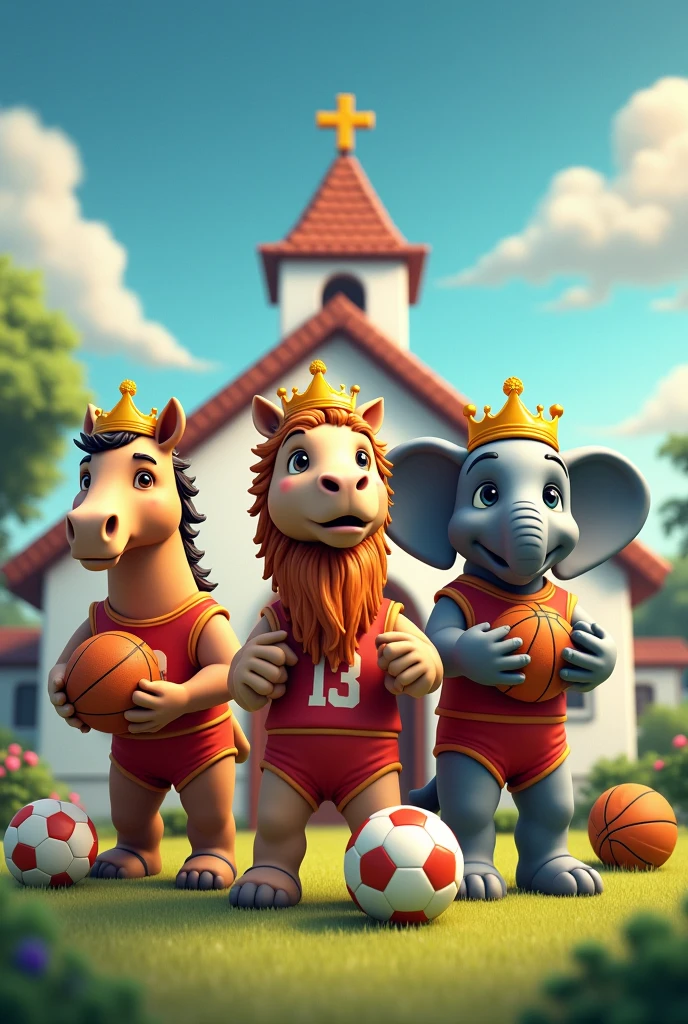 Poster of three animals with crowns in front of a village church ,with green grass, a horse in a volleyball uniform, un camello con uniforme de fútbol y un elefante con uniforme de Basketball, all with soccer balls , Basketball. Ridden by the three wise men 