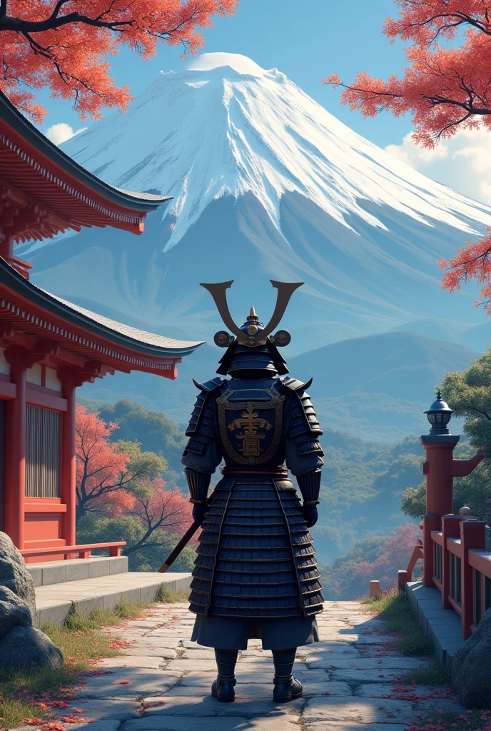 Create a background of a samurai looking towards a Japanese temple with Mount Fuji in the background 