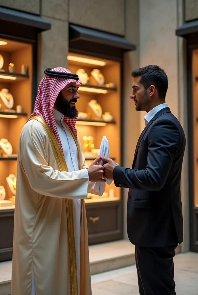 An Arab sheikh is giving a handkerchief to the owner of a goldsmith's shop, and there are two goldsmith shops, and the shop is built according to modern standards, and beautiful necklaces are lying behind them.