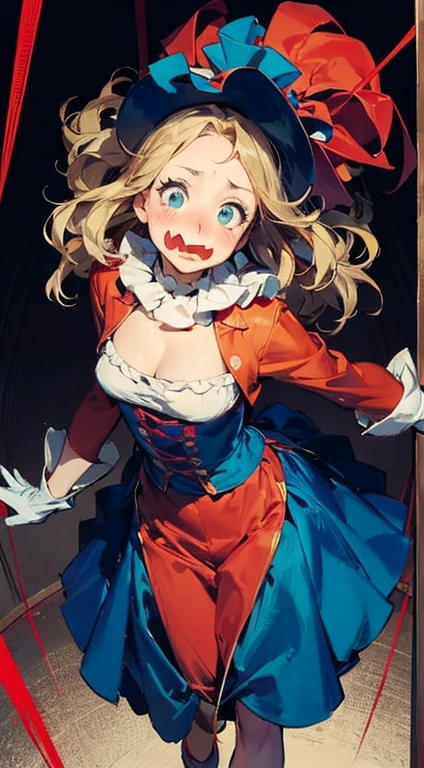 (Spiral eyes, panicking, wavy mouth, open mouth:1.3),Create an image in a Japanese anime style, depicting a girl as a circus performer doing a tightrope walk. She is panicking, about to fall, with swirling eyes and a wavy mouth indicating her panicked state. Her outfit includes a clown's hat, clown's skirt, and long-sleeved clown attire with frills, complemented by red pumps and white gloves. The girl is standing on one foot with her arms spread out. The background should be a circus tent, capturing the essence of a circus venue with lively details and colors to enhance the fantasy anime style.