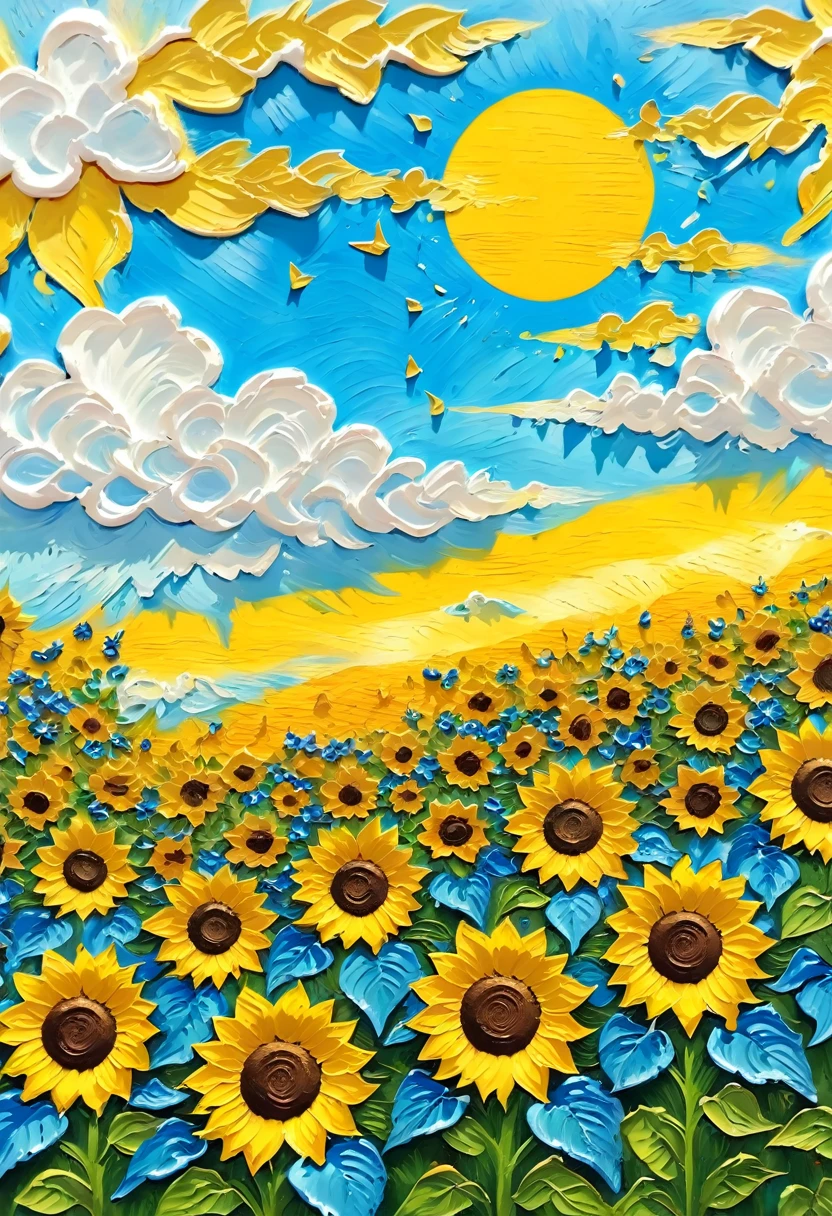 (((Acrylic paint，Thick coating，Plaster texture)))，Blue sky and white clouds，sunflower，Vibrant gouache landscape, Colorful scene, colorful、Rich in details, Colorful artwork, Landscape Art Detail, On a sunny day, The art of detail, colorful art, 