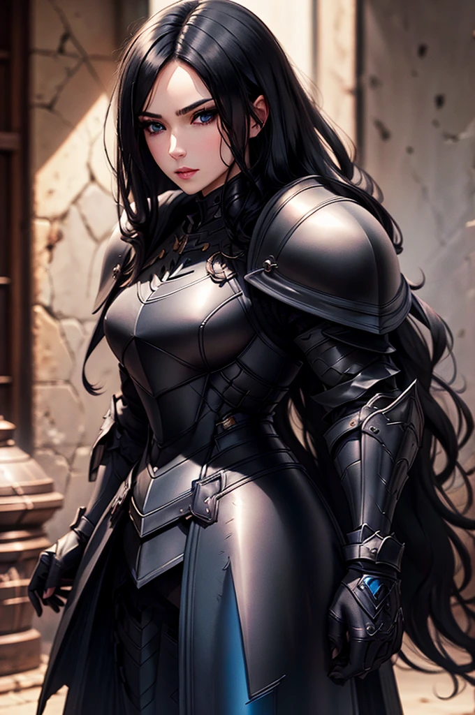 black armor knight, pale, woman, long straight black hair, blue eyes, black armor, adult