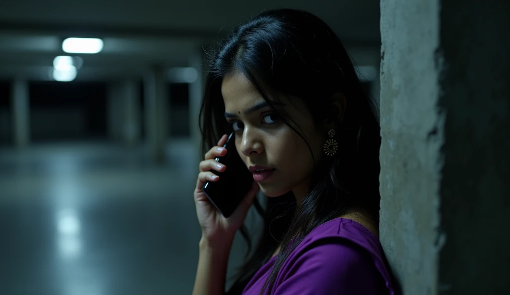 A beautiful Indian 24 year old girl who is standing in a corner of the dark area car parking and talking on the phone under great tension, she is wearing a purple frock