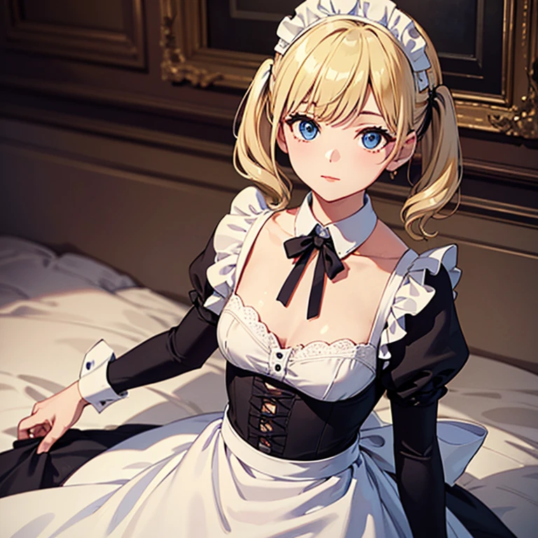 (masterpiece:1.4),, (best quality:1.4),, ultra high resolution,, 8k, CG,, (very delicate and beautiful:1.2),, , looking at viewer,, , 1 woman,, alone,, Mature girl,, , cute, (Short blonde twintail hair,, blue eyes,, closed mouth,, red lips)At the mansion,, (Maid Dress,, whole body,, medium chest)