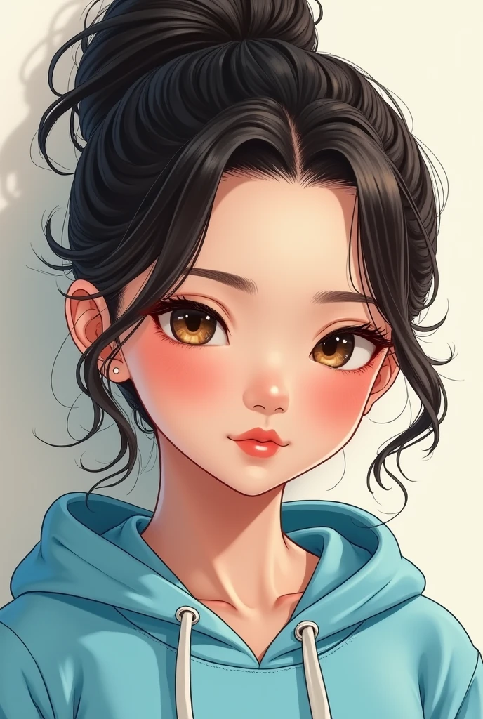 Seorang gadis asia berkulit kuning Langsat, rambut nya di kuncir ekor kuda memakai Hoodie berwarna biru muda ia memiliki bibir yang sedikit tebal yang plumpy memiliki pandangan yang judes