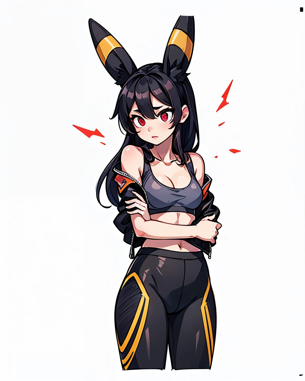 a girl with black hair, umbreon ears, red eyes, wearing black leggins shorts, pink sports bra, medium breasts, open black leather jacket, round ass, small hips, detailed face, beautiful detailed eyes, beautiful detailed lips, extremely detailed eyes and face, long eyelashes, photorealistic, 8k, high quality, hyperdetailed, cinematic lighting, dramatic colors, vibrant, moody, dark fantasy