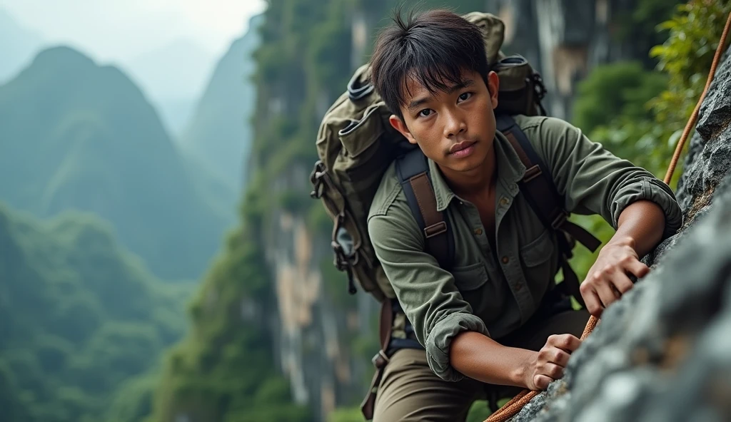 A young Indonesian man, rugged detailed face, intricate detailed eyes, long shirt, long cargo pants, rock climbing, holding onto one rope, large backpack, safety rope, climbing shoes, full body, steep high climbing position, (best quality,4k,8k,highres,masterpiece:1.2),ultra-detailed,(realistic,photorealistic,photo-realistic:1.37),detailed landscape, dramatic lighting, vivid colors, cinematic composition