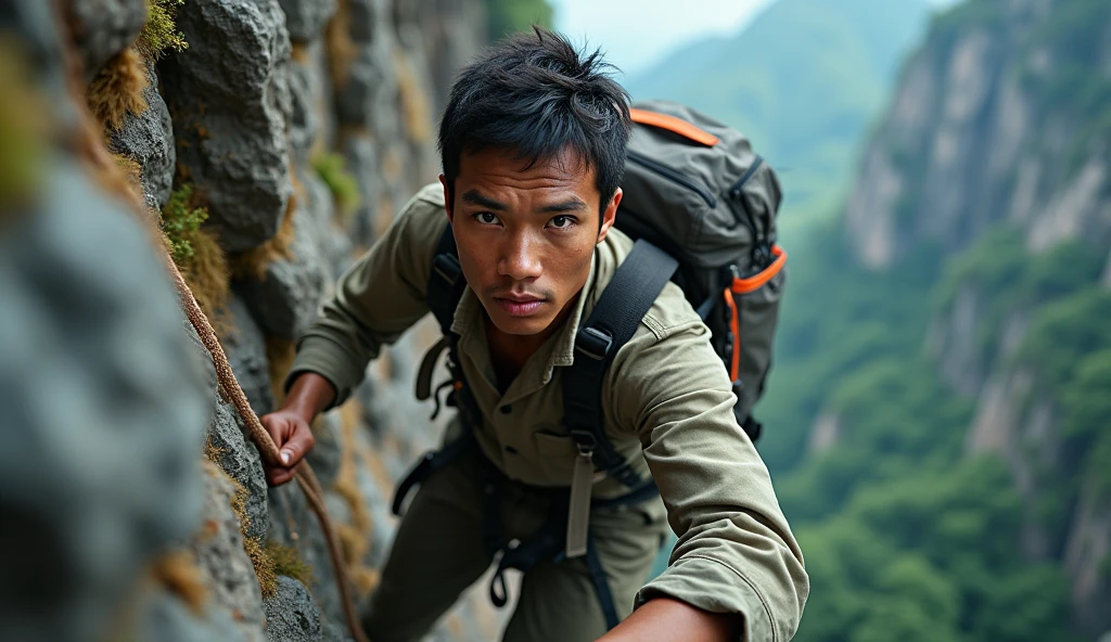 A young Indonesian man, rugged detailed face, intricate detailed eyes, long shirt, long cargo pants, rock climbing, holding onto one rope, large backpack, safety rope, climbing shoes, full body, steep high climbing position, (best quality,4k,8k,highres,masterpiece:1.2),ultra-detailed,(realistic,photorealistic,photo-realistic:1.37),detailed landscape, dramatic lighting, vivid colors, cinematic composition