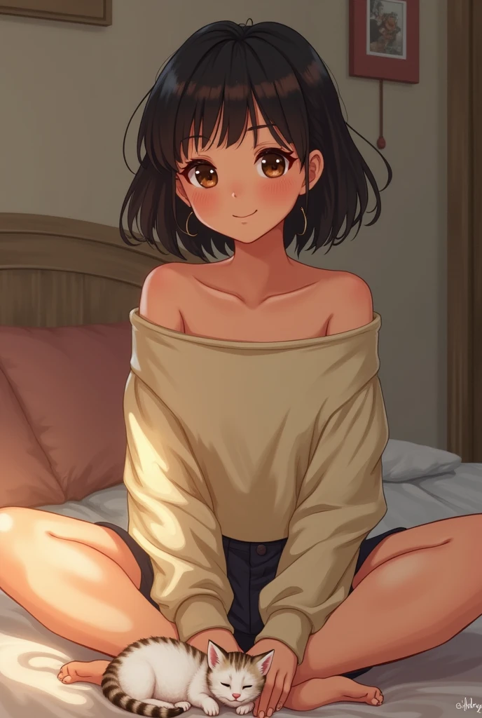sweet cute girl wearing very loose dwon shoulder crop top sitting in relax pose with short smile.a kitte. in biside in the room