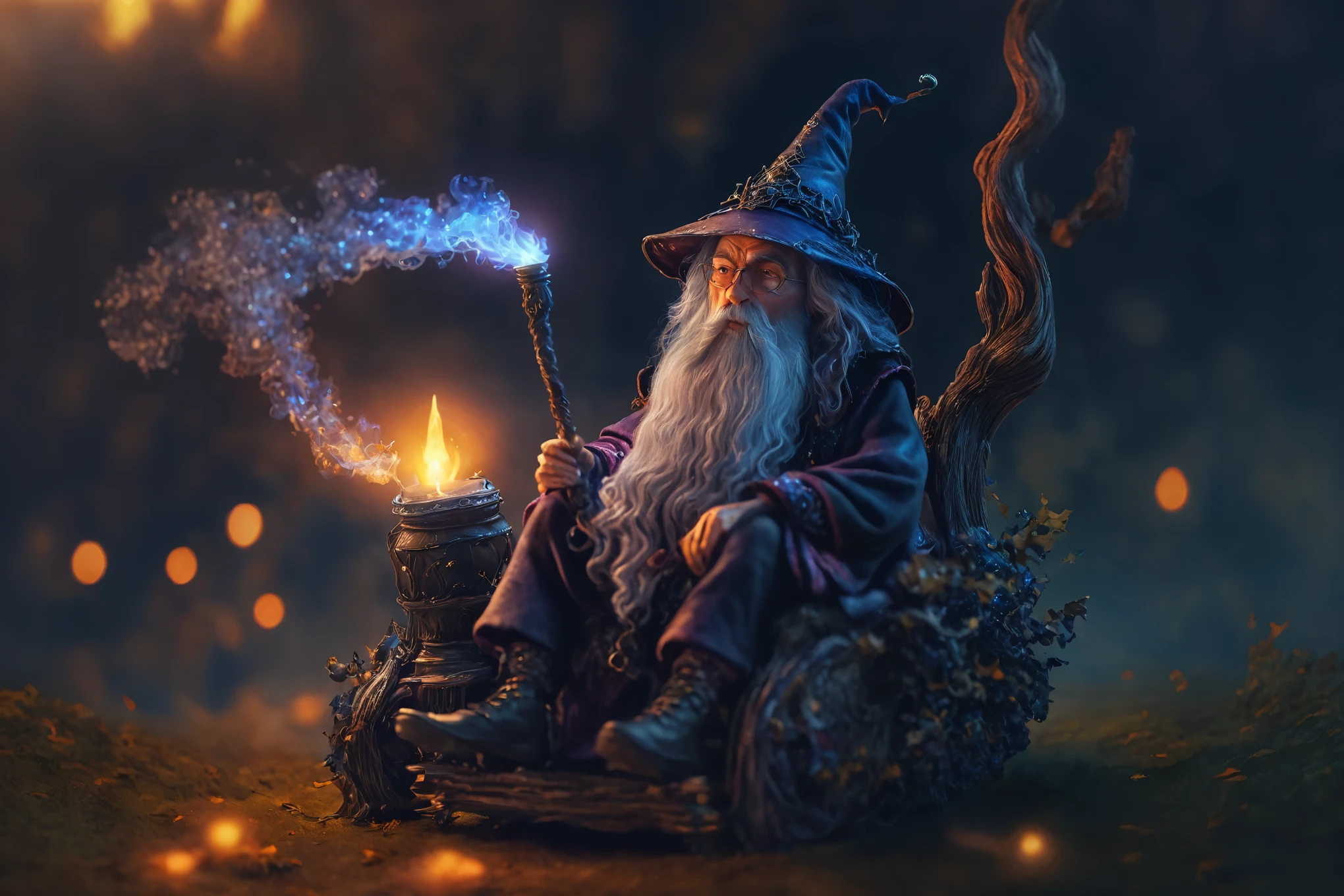 there is a man sitting on a chair with a wand and a candle, wizard casting a spell, spell casting wizard, fantasy art behance, wizard hat cinematic lighting, realistic fantasy illustration, 4k highly detailed digital art, wizard, portrait of a wizard, 4k fantasy art, an arcane wizard casting a spell, fantasy 3 d render, realistic fantasy render
