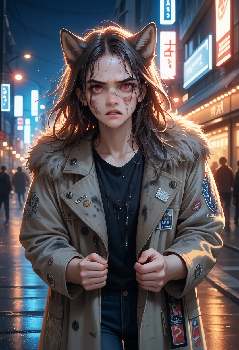 score_9, score_8_up,score_7_up, masterpiece, best quality, perfect anatomy, very aesthetic, official art, 8k, (best detail, high quality), fluffy wolf, Walk around the city, (night, bright lights, urban environment), (dynamic framing, ferocious facial expression, dirty hair), (bright red eyes, detailed coat), (colorful spots, wet streets), (Focus on the wolf&#39;head), (bright accent on the eyes).