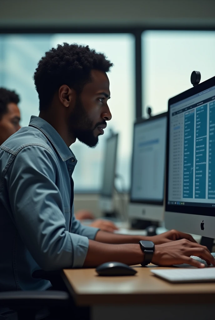An Ethiopian black man siting on the table in the office  working and arranging many transaction payments on his computer that is visible to us, the transaction payments are clearly visible for us and they also are in the team
