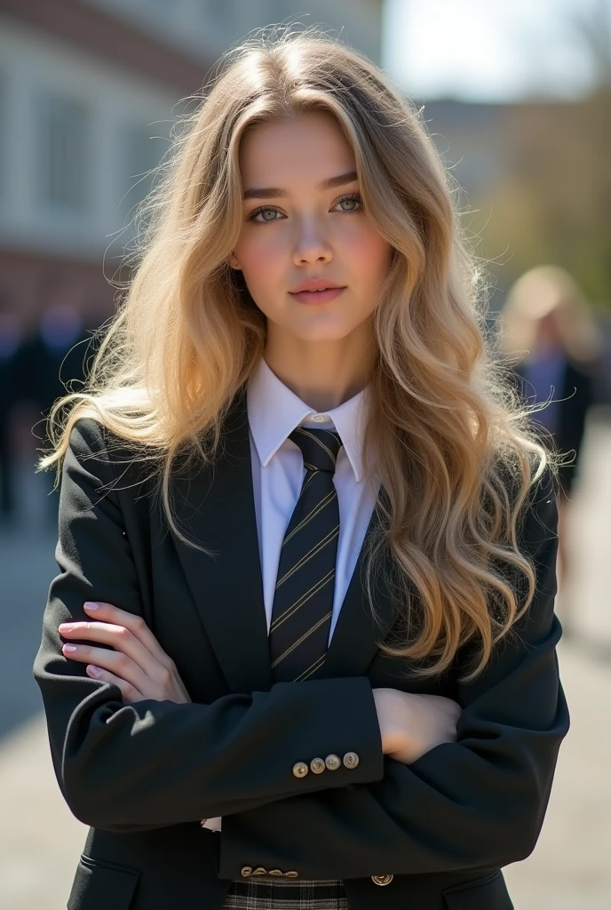 (8k, RAW Photography, top-quality, masterpiece:1.2), 1girl, 16 y.o, beautiful face, photogenic, Blazer uniform, long blonde hair in curls, hands raised, school background, lips, High school student, schoolyard, school uniform, real, shinny skin、Beautiful delicate face、Beautiful delicate eyes、a miniskirt,