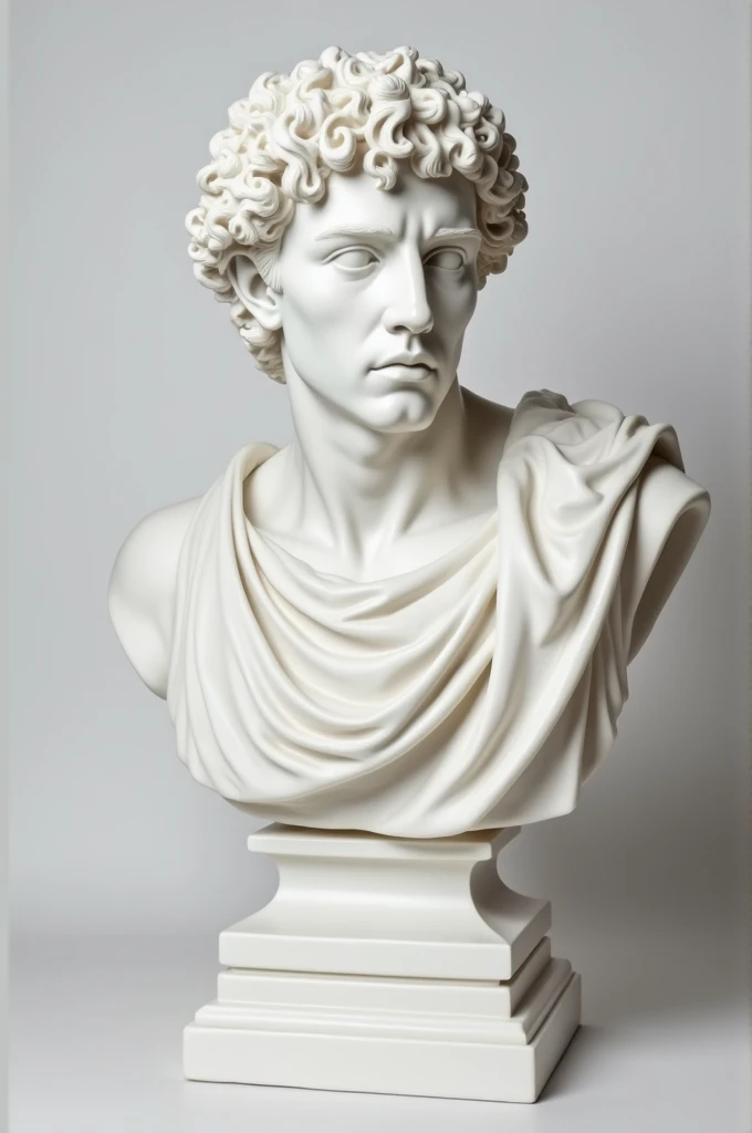 white marble bust sculpture of a man with curly hair and a serious expression, wearing a draped togpa-like garment
