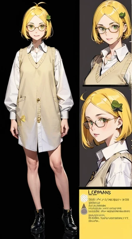 1girl, solo, yellow hair, short hair, cute, green eyes, bright pupils, long shirt, ((lemon hair ornament)), glasses, sweater, (CHARACTERSHEET:1) (MULTIPLE VIEWS FULL BODY UPPER BODY REFERENCE SHEET:1)