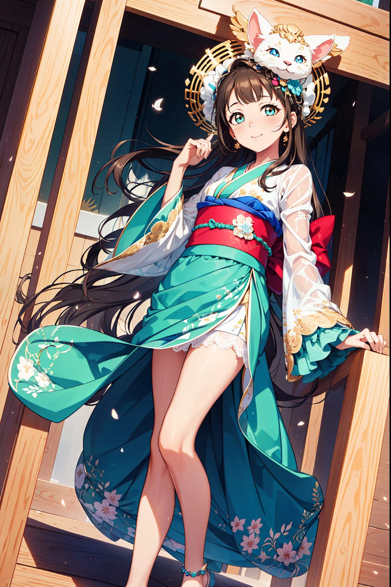 (best quality, high resolution, Textured Skin, high quality, High Detail,Extremely detailed CG unification),age Girl，obsessed，Divine happiness，in love，(Swimwear and Kimono:1.2)，long hair，(Fabric headdress minimalism，Multi-layer delicate ruffles，Lots of lace，Multi-color cloth，Exquisite embroidery，Beautiful Pattern，Fabric headdress，Exquisite clothing，See through transparent clothes，bedroom，night，(Dazzle:1.2)，Movie Lighting，The only person，The skirt flutters，High Leg Raise