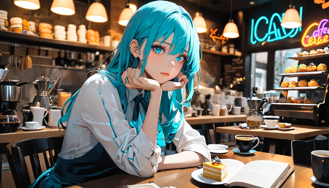 (masterpiece), Highest quality, Cafe,Sitting in a chair、Coffee and cakes are lined up on the table、Neon Art,Cyan eyes, Orange and marine blue hair, Expressive eyes, Expressionless、Reading a book
