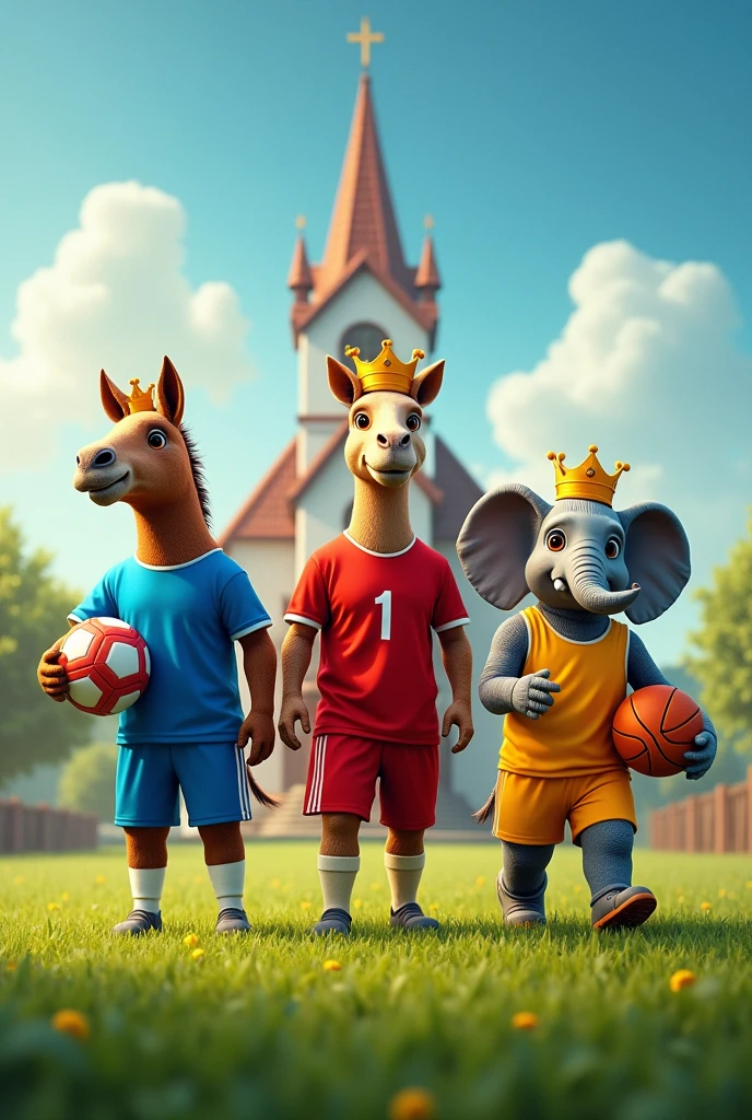 Poster of three animals with crowns in front of a village church ,with green grass, a horse in a blue volleyball uniform, un camello con uniforme rojo de fútbol y un elefante con uniforme amarillo de Basketball, all with soccer balls , Basketball. Ridden by the three wise men 