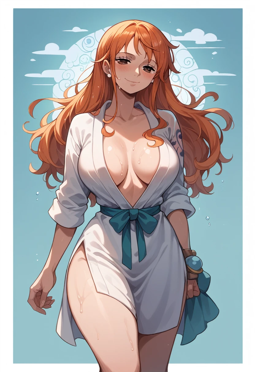 score_up_9, score_up_8, score_up_7, score_up_6, 1woman, mature, solo, large breasts, slender waist, wide hip, thick thighs, brown eyes, orange hair, nami, long hair, white bathrobe, opening up her bathrobe, seductive smile, blush, half closed eyes, wet hair and body, walking, straight-on, aesthetic background