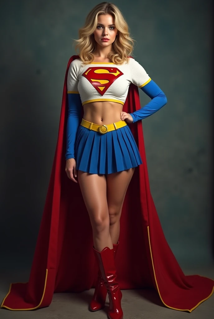 full view of A SEXY TEENAGE FEMALE WITH DARK BLUE EYES AND MEDIUM MESSY GOLDEN BLONDE HAIR WEARING A CLASSIC WHITE SUPERGIRL LONG SLEEVED CROP TOP COSTUME, A SHORT BLUE PLEATED SKIRT WITH A YELLOW SUPERGIRL BELT, RED HIGH HEELED SUPERGIRL BOOTS, AND SHORT RED SUPERGIRL CAPE WITH YELLOW TRIM. (large thick perky boobs:1.8), incredibly detailed skin and eyes, seductive poses, 8K resolution, masterpiece, ultra-detailed, realistic, photo-realistic, vivid colors, dramatic lighting,