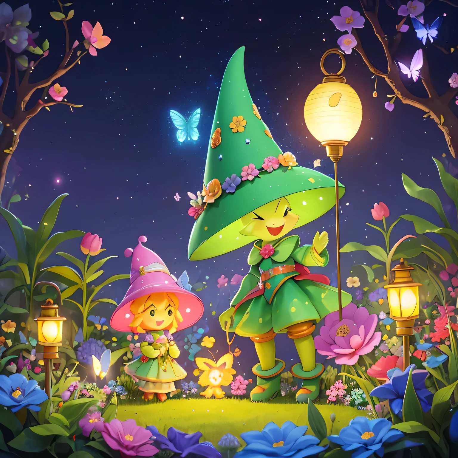 A cheerful group of Aliens standing in a magical garden filled with oversized flowers. Vibrant colors surround the scene with giant blossoms towering above the tiny figure. The aliens wears a pointy hat and holds a tiny lantern, illuminating the whimsical atmosphere. Twinkling lights and delicate butterflies dance around, adding a touch of fantasy to the enchanted, lush garden setting.
