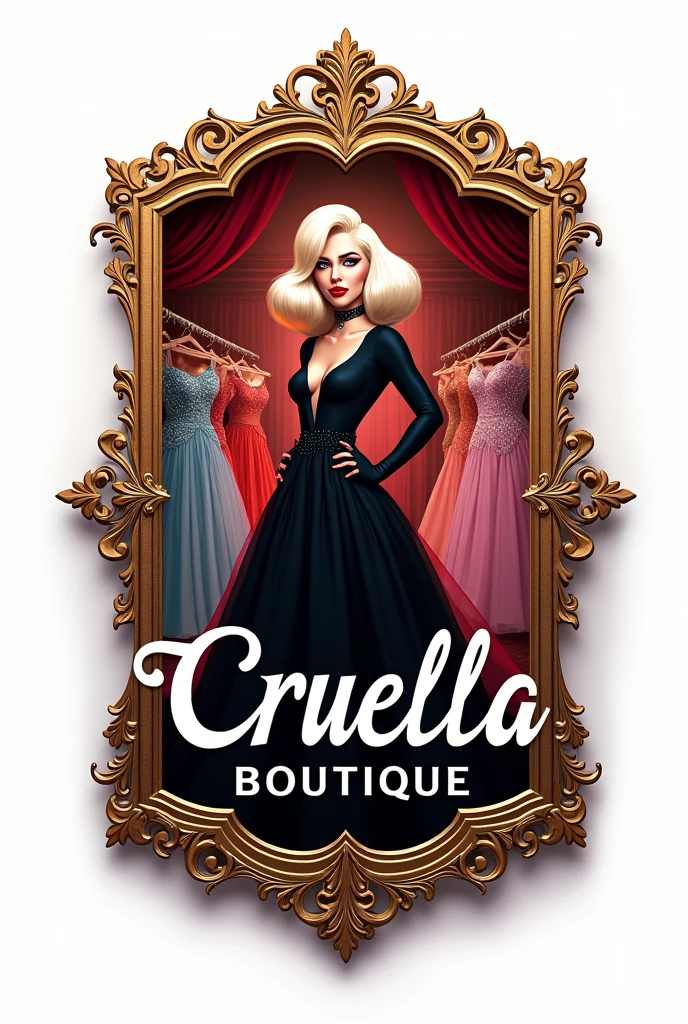 Boutique logo with Cruella de Vil in the middle of a boutique full of dresses with a white background and the name "Cruella Boutique" in the center in 3D