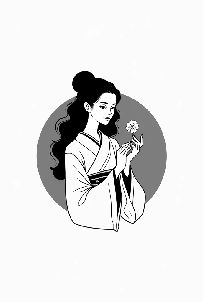 a circle logo where a beautiful woman with curly long hair facing sideview wearing kimono is holding a four leaf clover while smiling and is black and white in color